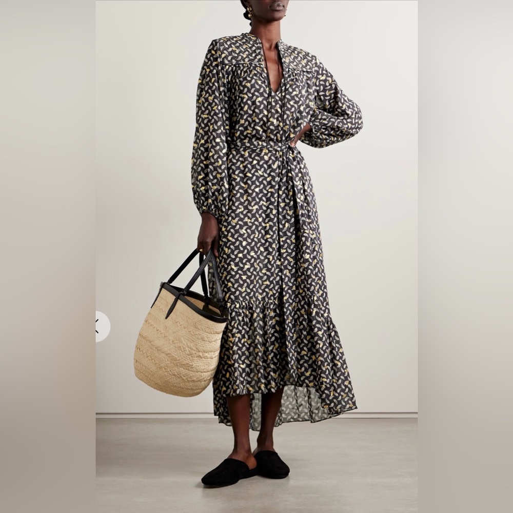 Doen Ivana belted metallic printed organic cotton-voile midi dress
